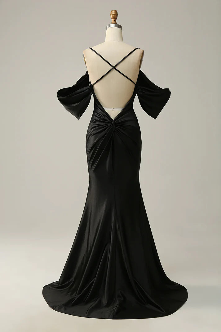 Luolandi Black Off Shoulder Open Back Satin Mermaid Long Prom Dress Elegant Evening Dress
